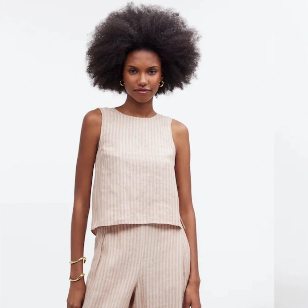 Madewell Tie-Back Scoopneck Top in 100% Linen brown stripped - Picture 2 of 10